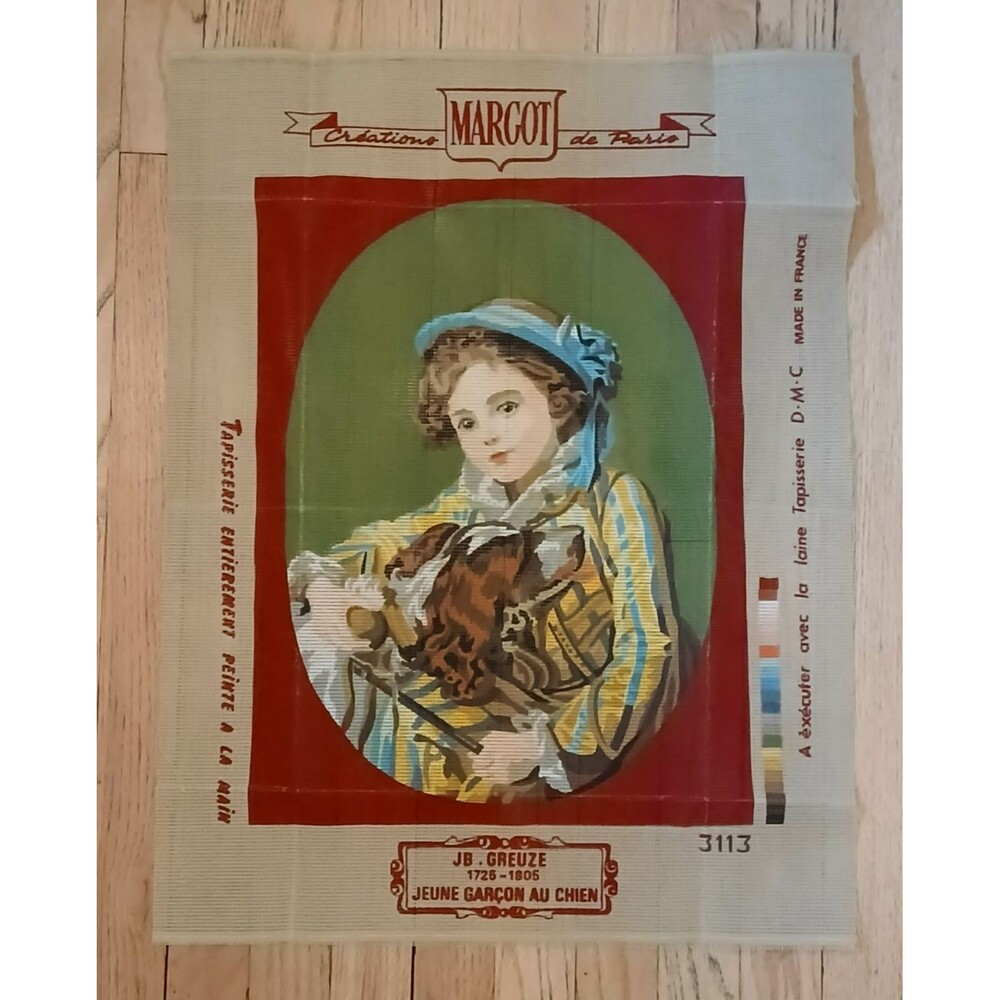 NEW Vintage 20X25 Large Needlepoint Crewel Canvas "Woman Holding Dog” JB Greuze